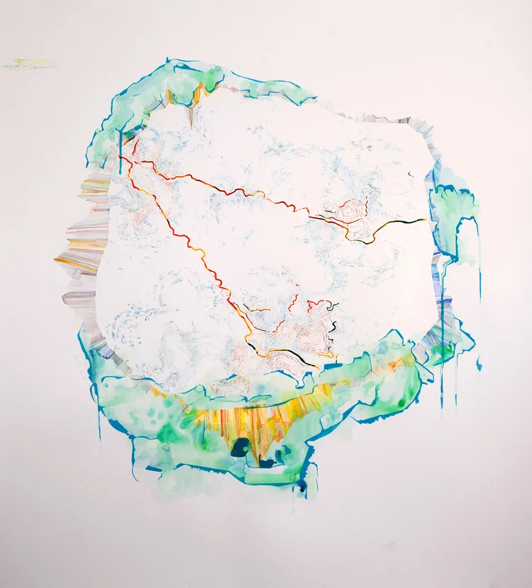 Hughen/Starkweather, Poipu (Mark Mir), 32.25x29.25”, acrylic paint, ink, and gouache on paper, 2016