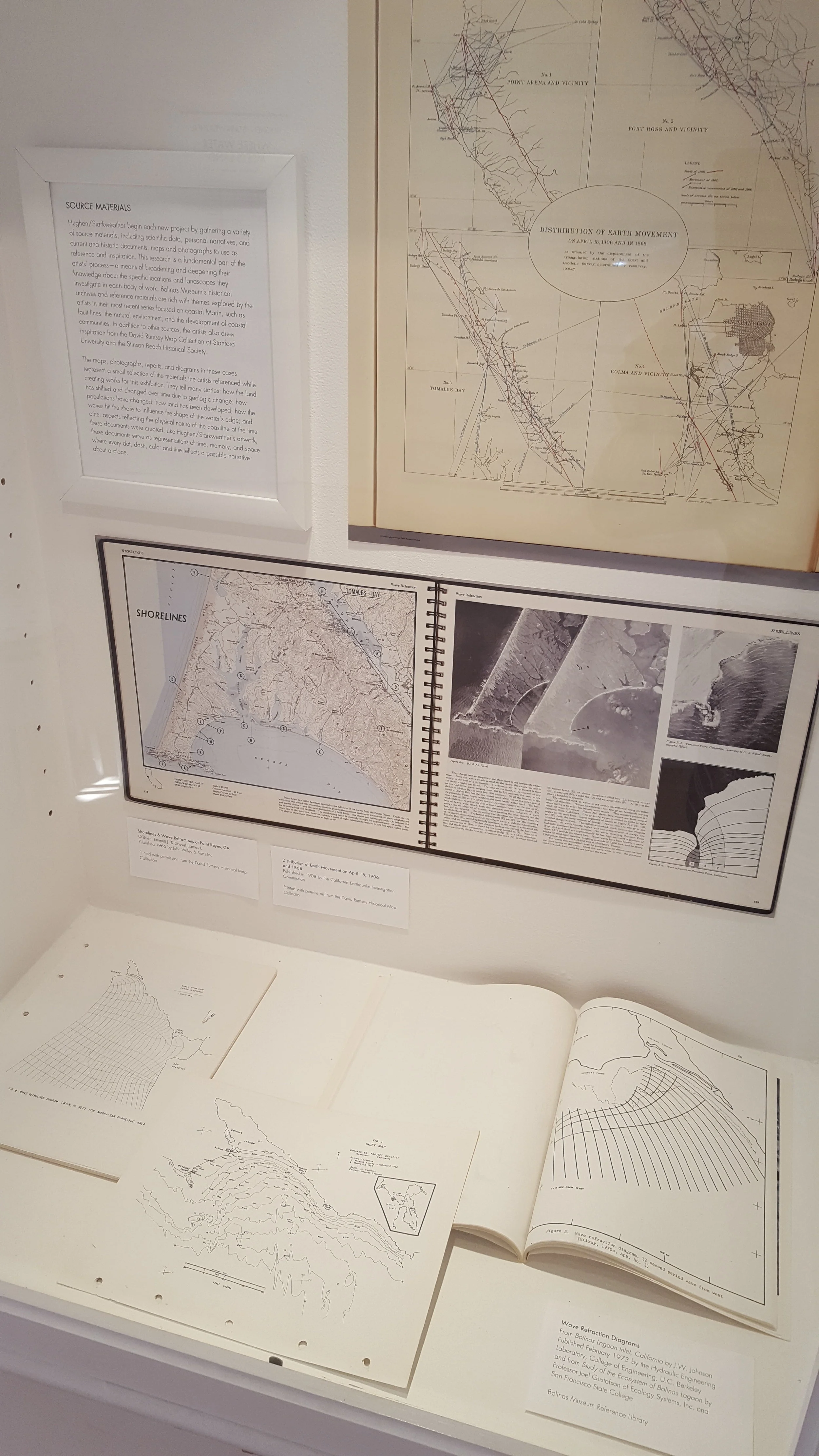 Exhibition installation view: one of three glass cases of Bolinas Museum historical archives used as source materials for Hughen/Starkweather works in the exhibition. 