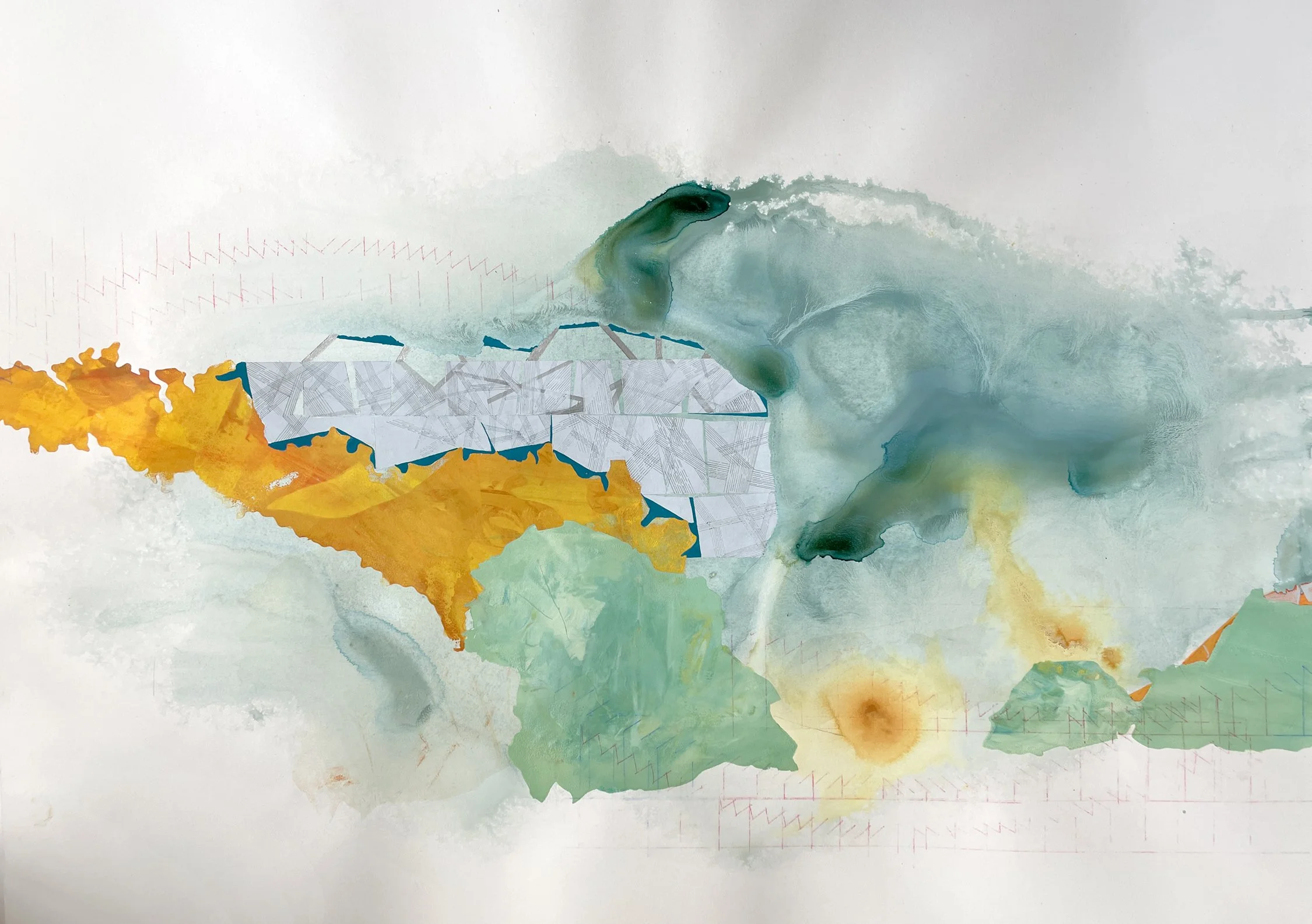 Dam 3 (Pipe Dreams), 16” x 22” , Ink, pencil, acrylic paint, and gouache on paper, 2022