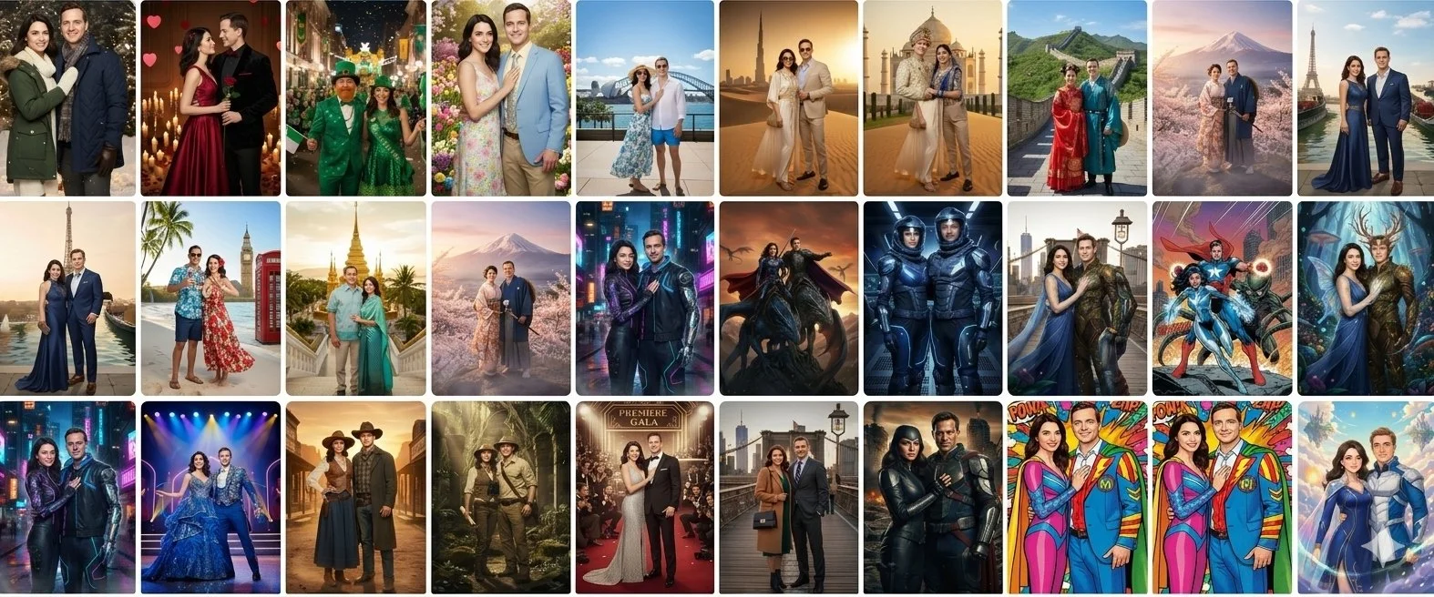 A collage of multiple photos featuring couples in various settings and costumes, including formal wear, traditional attire, superhero costumes, and futuristic outfits, with cityscapes, landmarks, and scenic backgrounds.