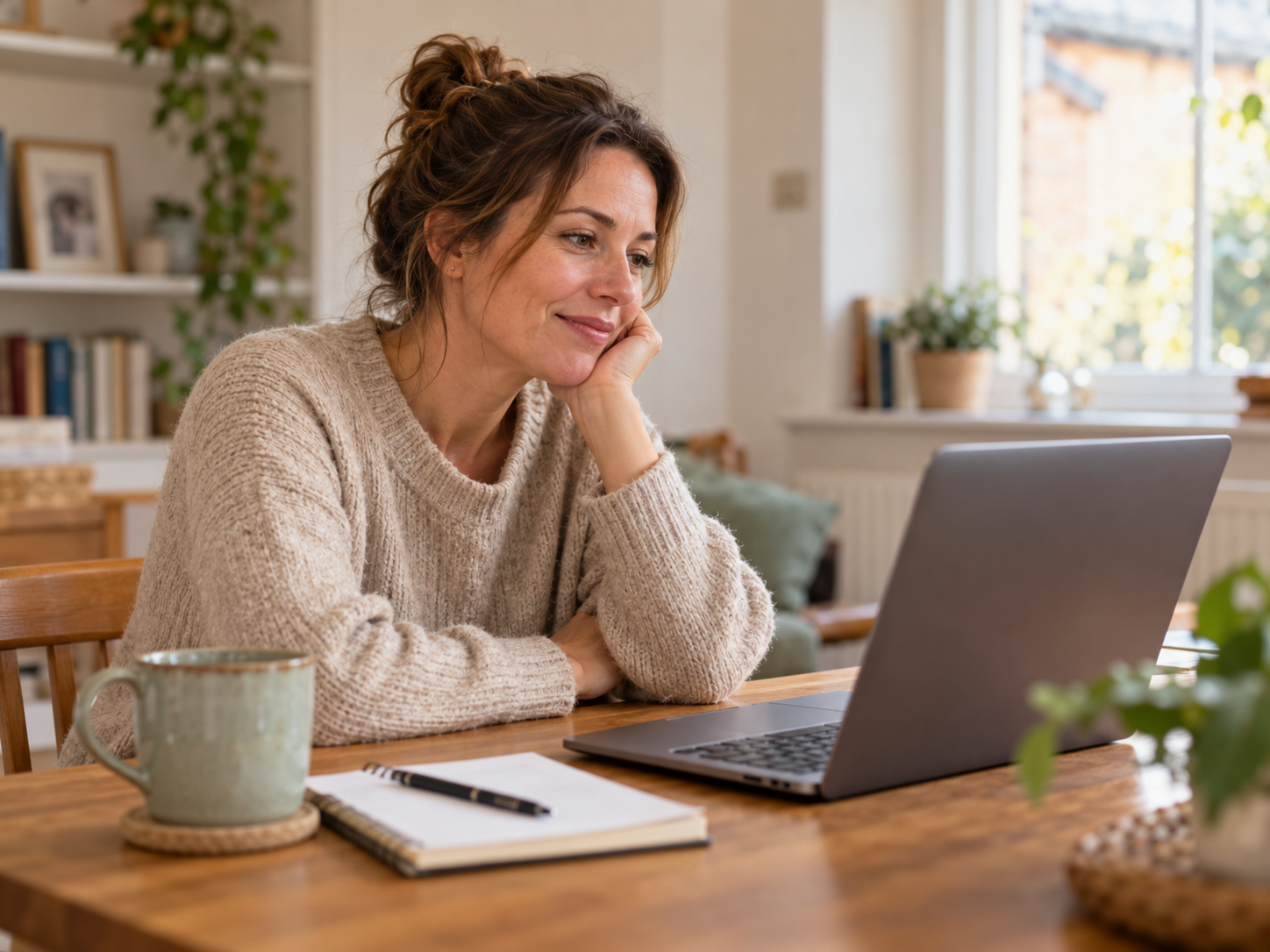 Woman sitting at home with a laptop and notebook during an online therapy session
