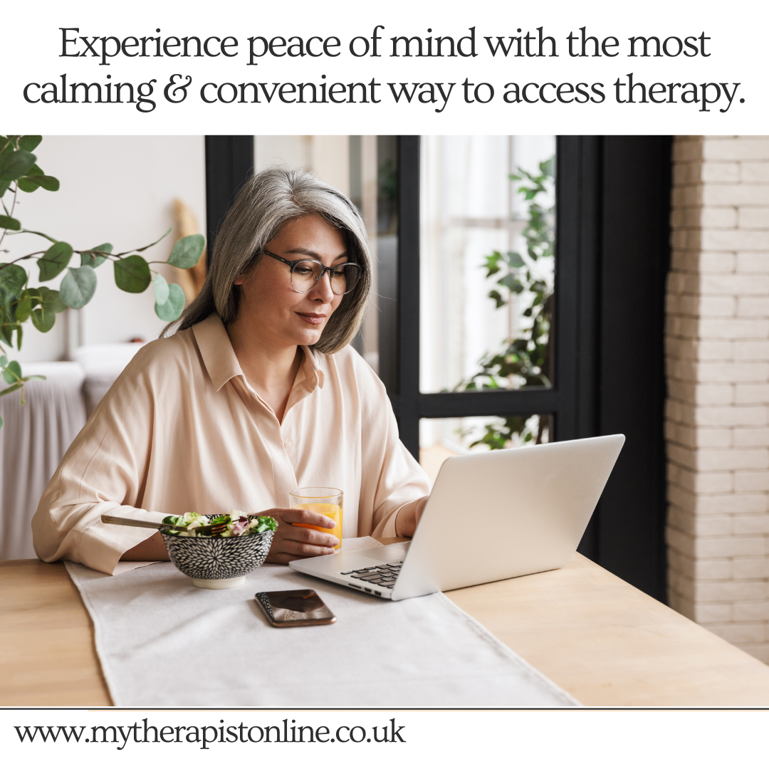 Older adult speaking with therapist during online therapy session from home