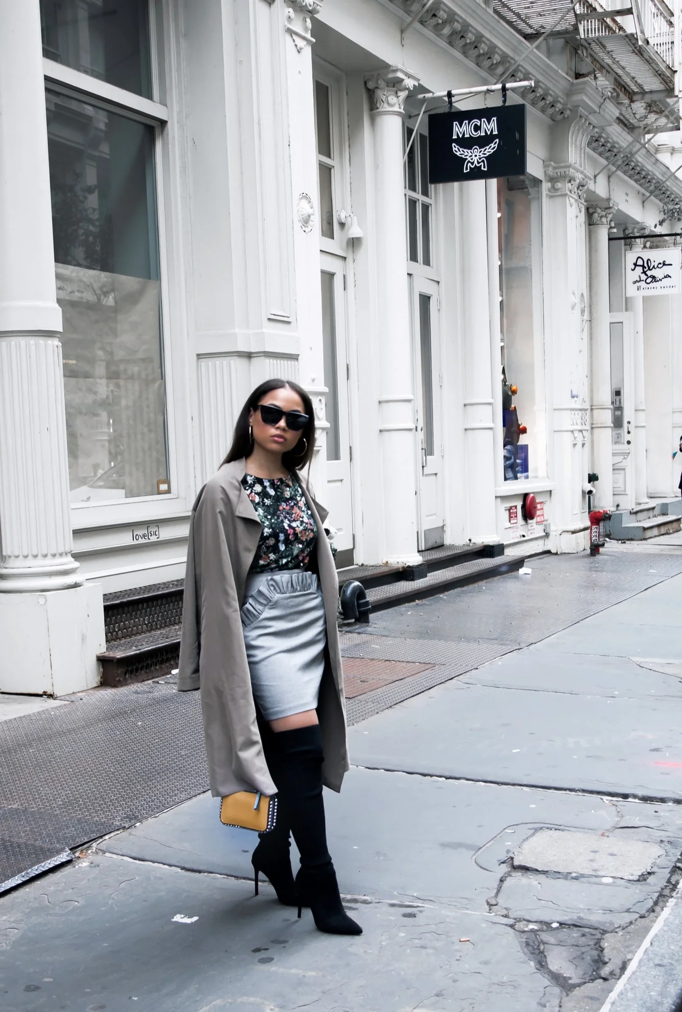 FALL FLORALS THIGH HIGH BLACK BOOTS ZARA H&M AMERICAN APPAREL DUSTER COAT GIVENCHY BLACK SUNGLASSES