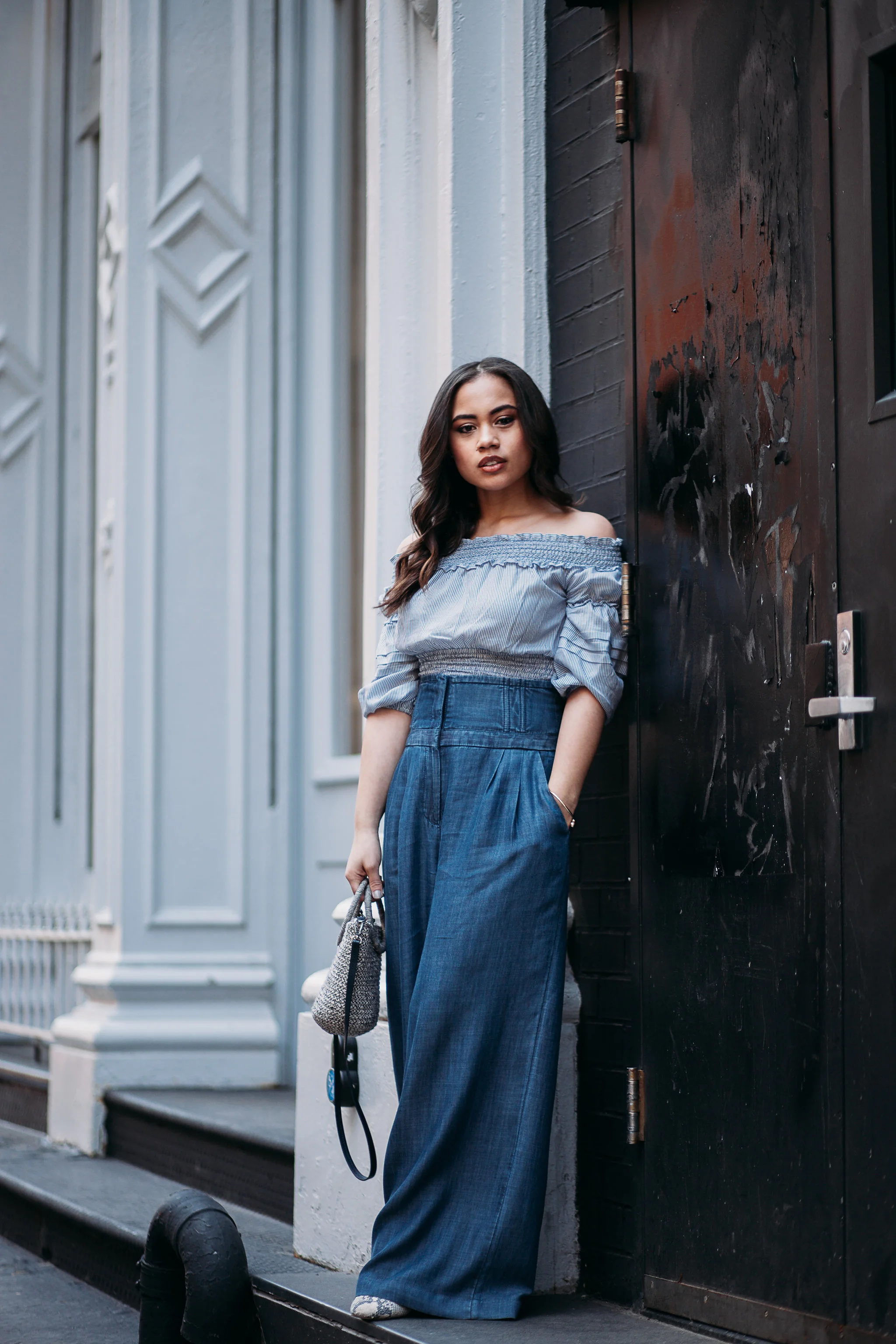 STYLING DENIM WIDE LEG PANTS WITH GABRIELLE UNION PANTS FROM NEW YORK AND COMPANY. OFF OF THE SHOULDER TRIP TOP BY MAX LONDON AND MINI BAG BY ZARA