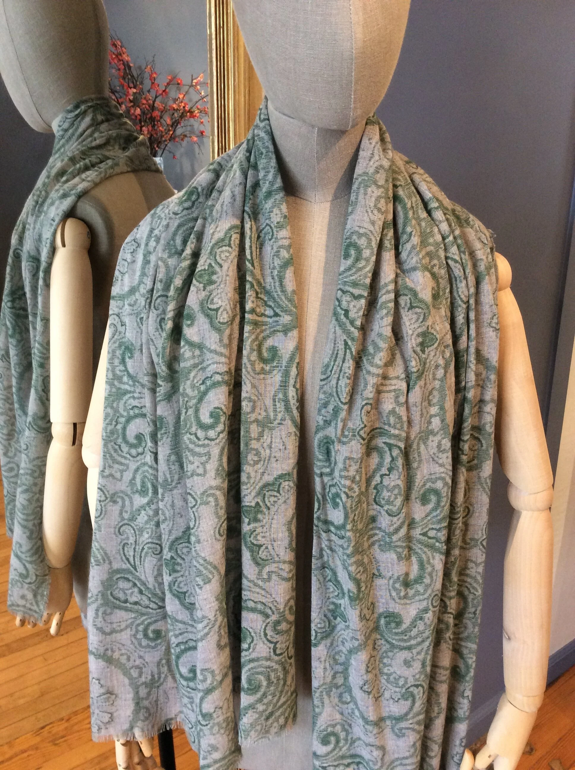 Linen Spring Scarf Grey Green Paisley