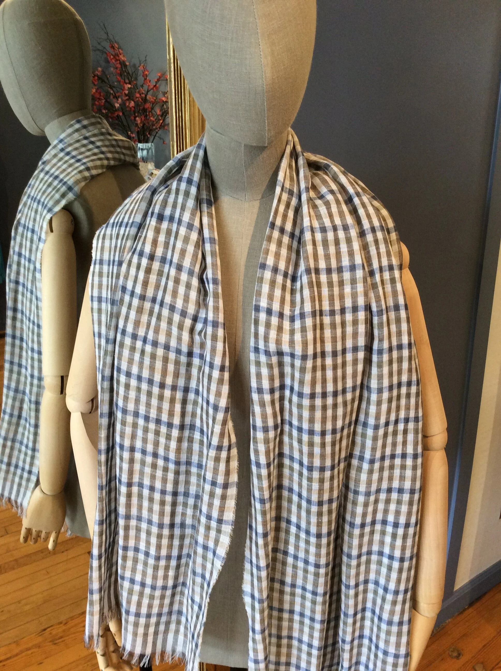 Linen Spring Scarf Blue Beige Plaid
