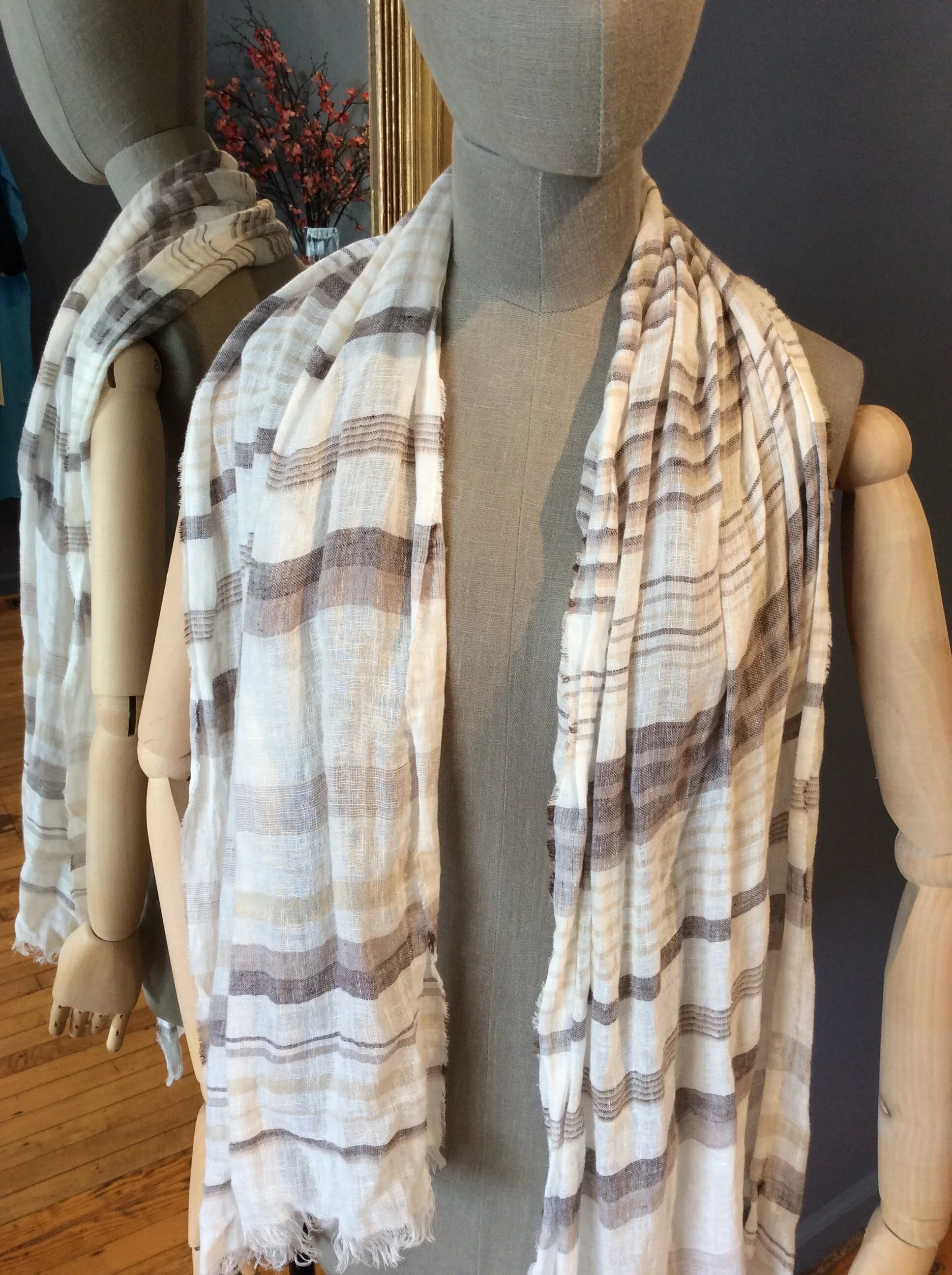 Linen Spring Scarf Brown Beige Stripe