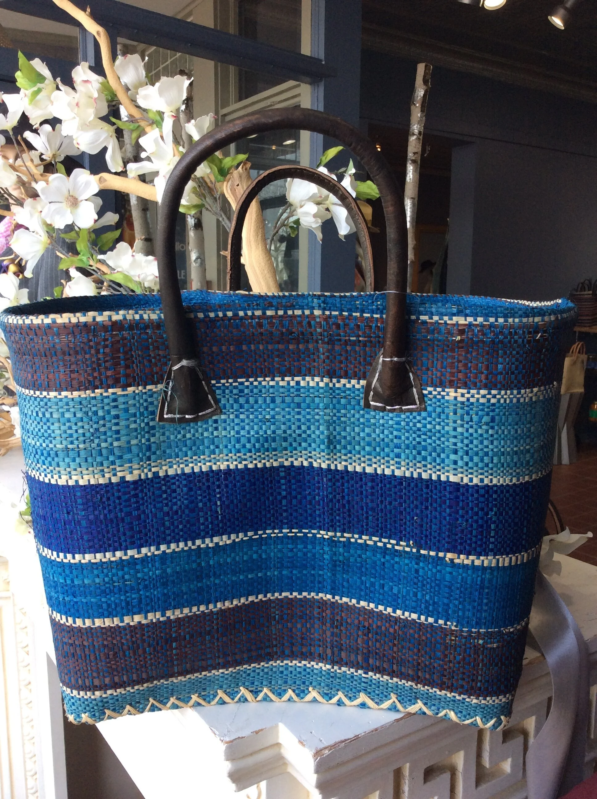 Beach Bag Handcrafted from Madagascar Blue Stripe SM