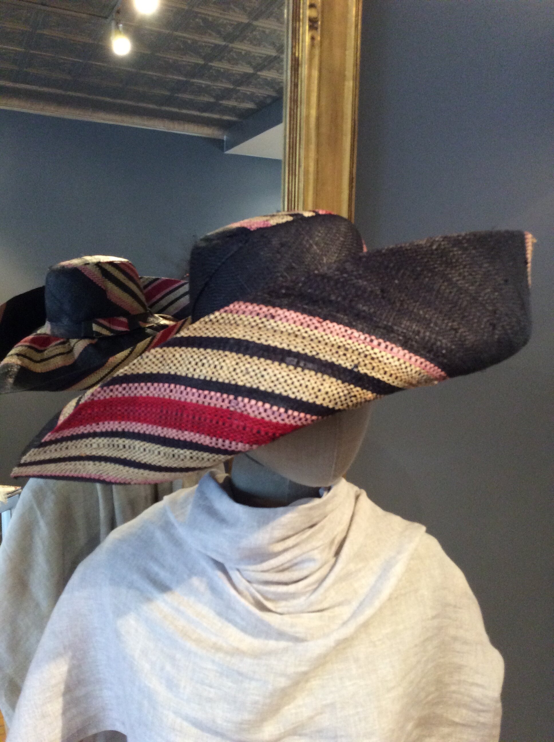 Ladies Black &amp; Pink Stripe Woven Beach Hat - Medium