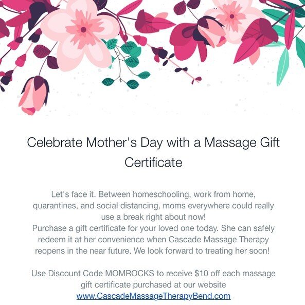 Give Mom something to look forward to. Let&rsquo;s face it. Between homeschooling, work from home, quarantines, and social distancing, moms everywhere could really use a break right now! 
#massage #massagebend #massagetherapy #giftcertificates #inben