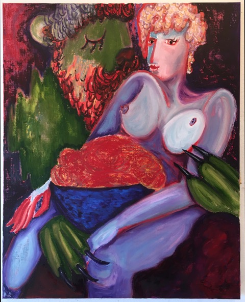 Dinner for Two , oil stick on linen, 24” x 30”, 2017