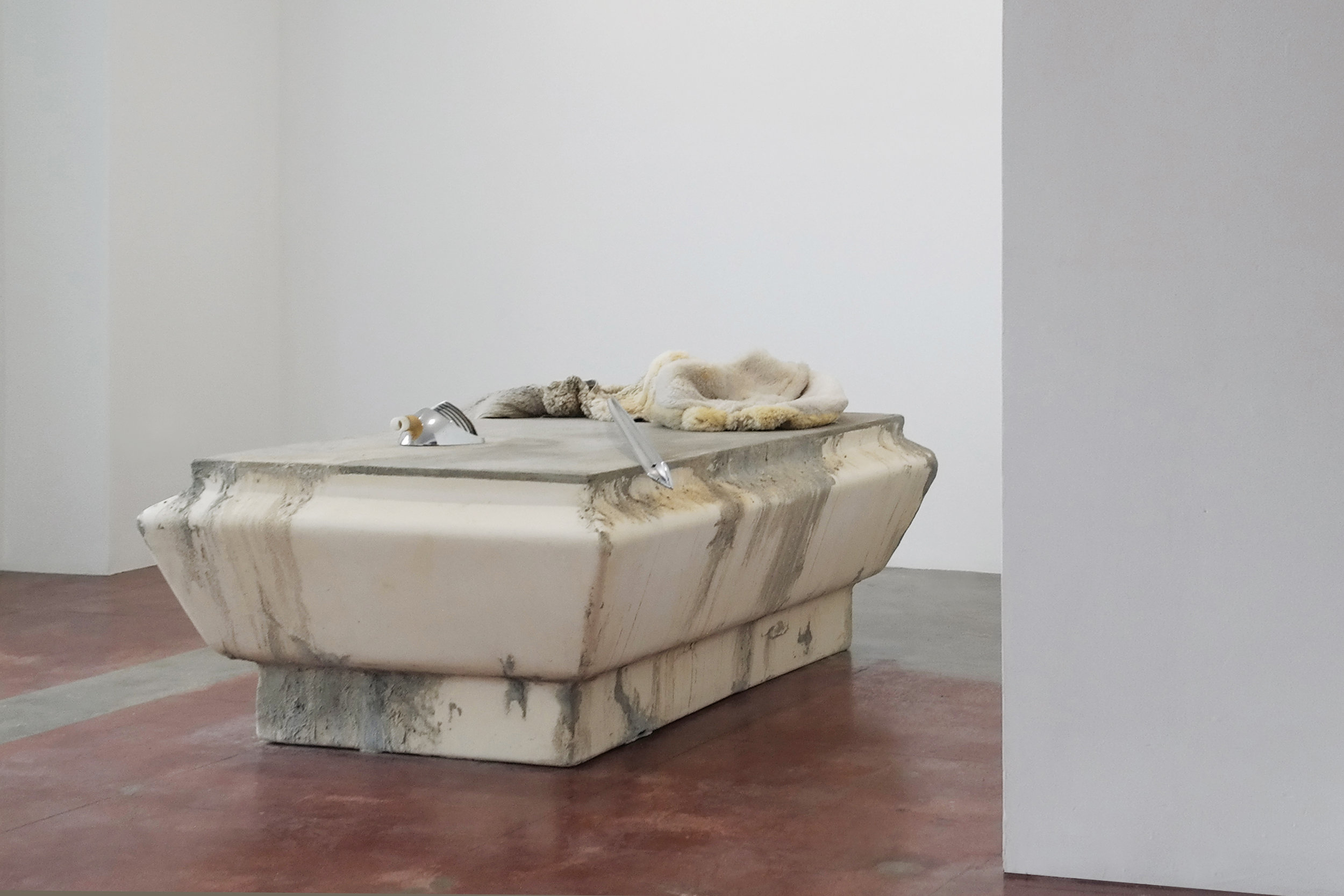 Aquarian Wood, cement, steel, fishing line, sheepskin, tube, clay, webbing, 2017