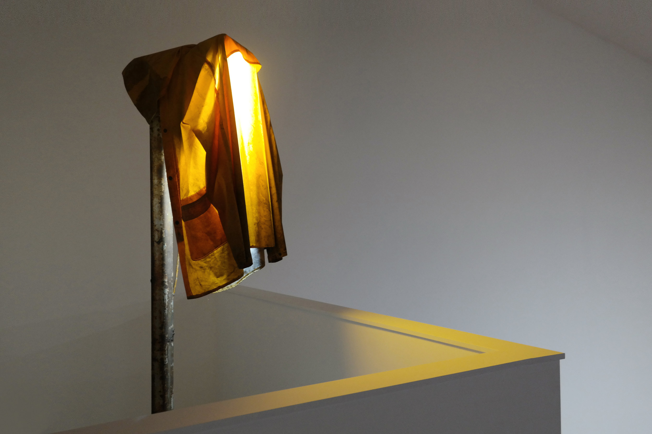 Sun Valley Shroud Iron, raincoat, led lamp, stones, cement, cord, string, 2017