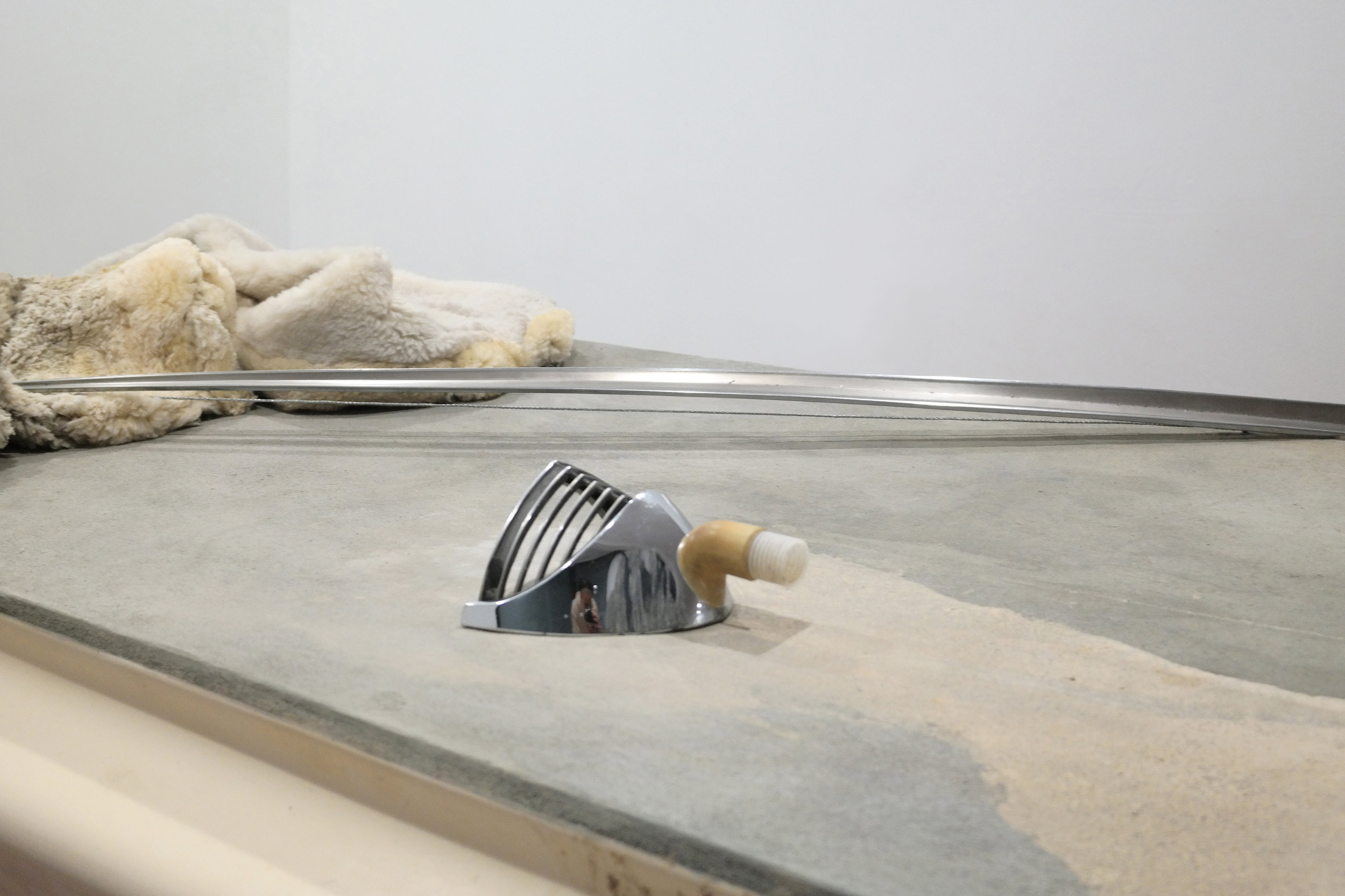 (detail) Aquarian Wood, cement, steel, fishing line, sheepskin, tube, clay, webbing, 2017