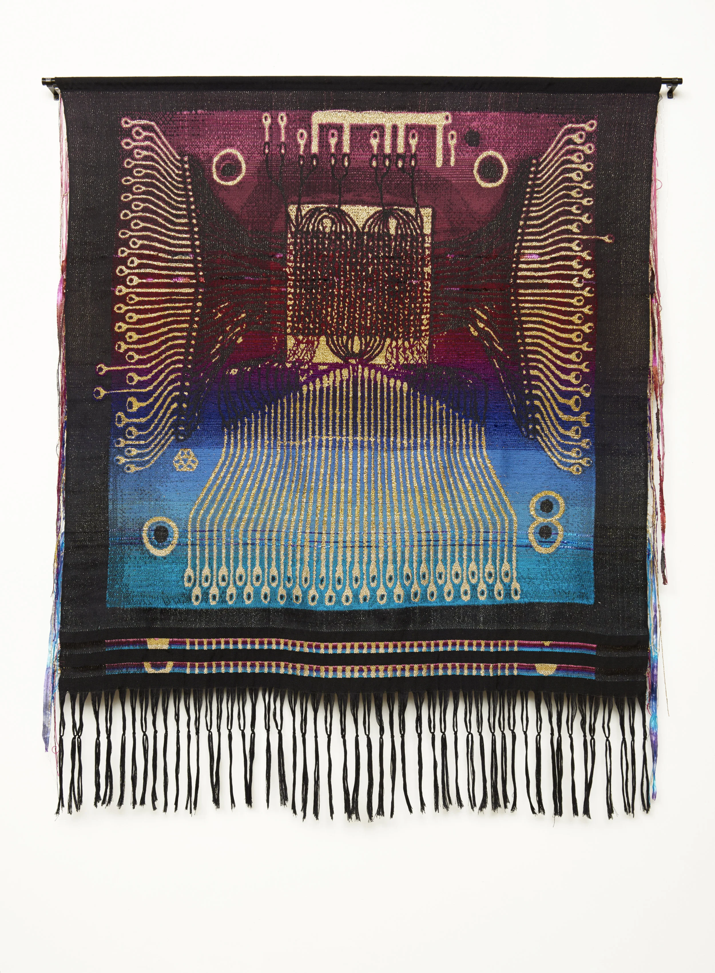 Daggerwing , Hand Jacquard woven wool, chenille, hand dyed cotton, and metallic yarn, 53” x 65,” 2016
