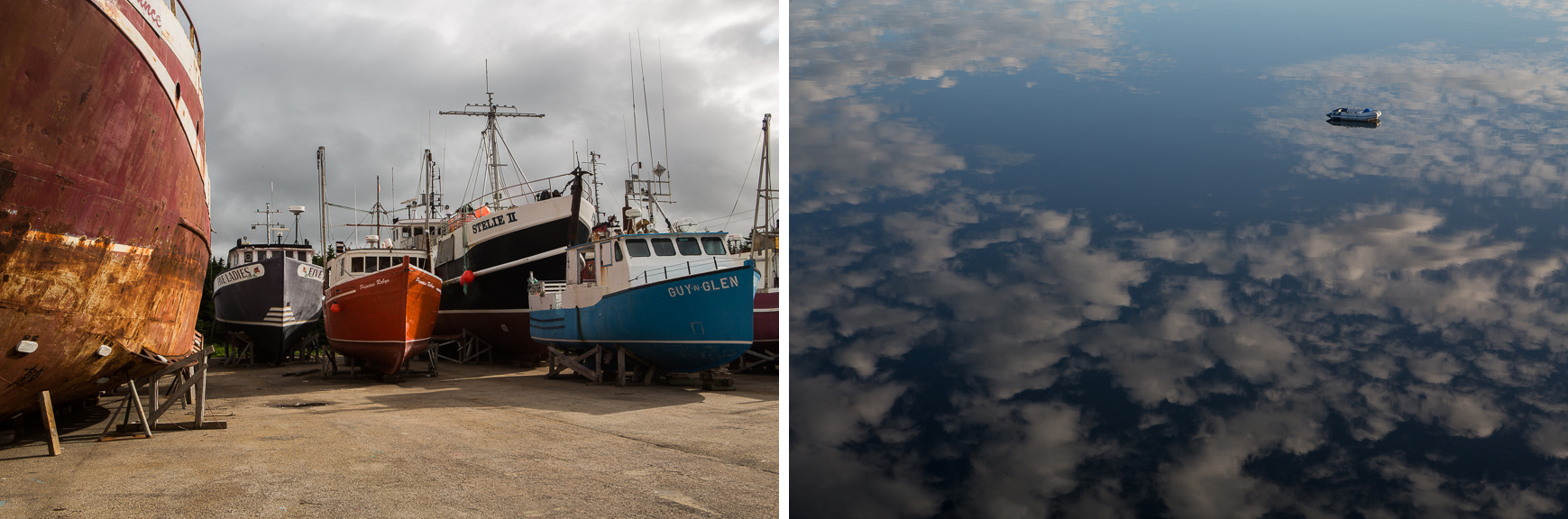 Cradled fishing boats, Port Saunders; Dinghy, Dunfield
