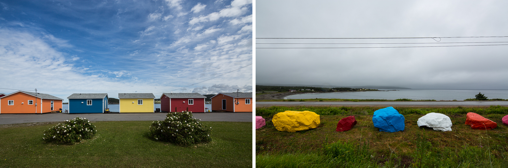 Jellybean guest houses, St. Anthony; Jellybean rocks, Birchy Cove