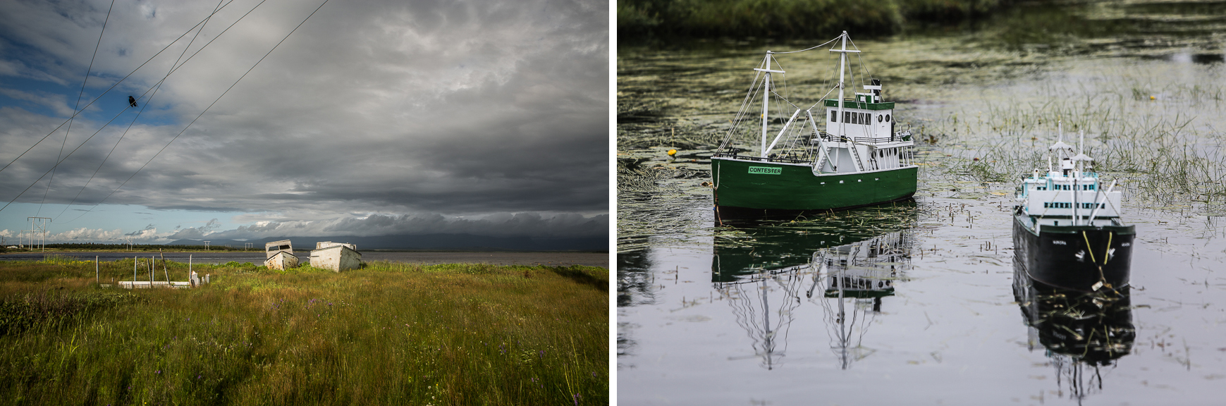 Fishing boats with crow, Parson's Pond; River of Boats model boats, Witless Bay