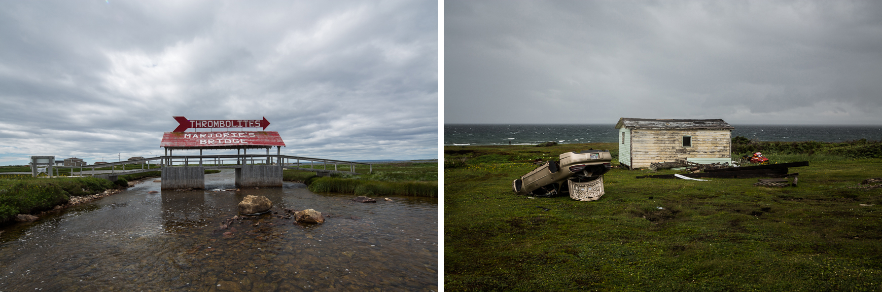 Marjories Bridge, Northern Peninsula; Upside-down car and fishing shack, Northern Peninsula