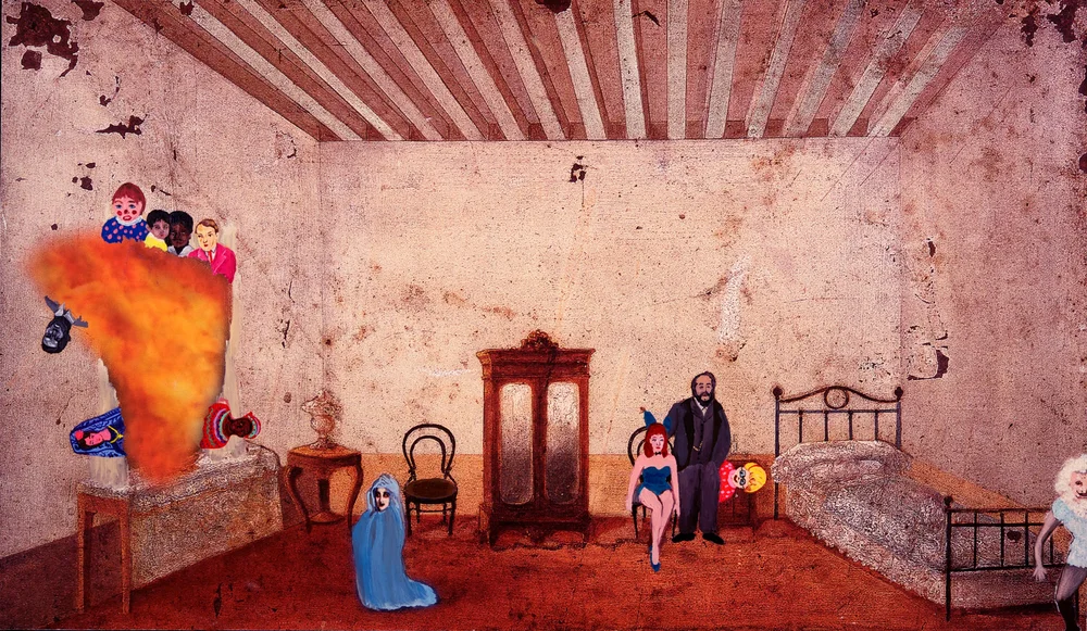 Shelli Tollman Room at the Blue Fox Hotel #3. 2017 Oil on canvas with digital print. 30 x 18