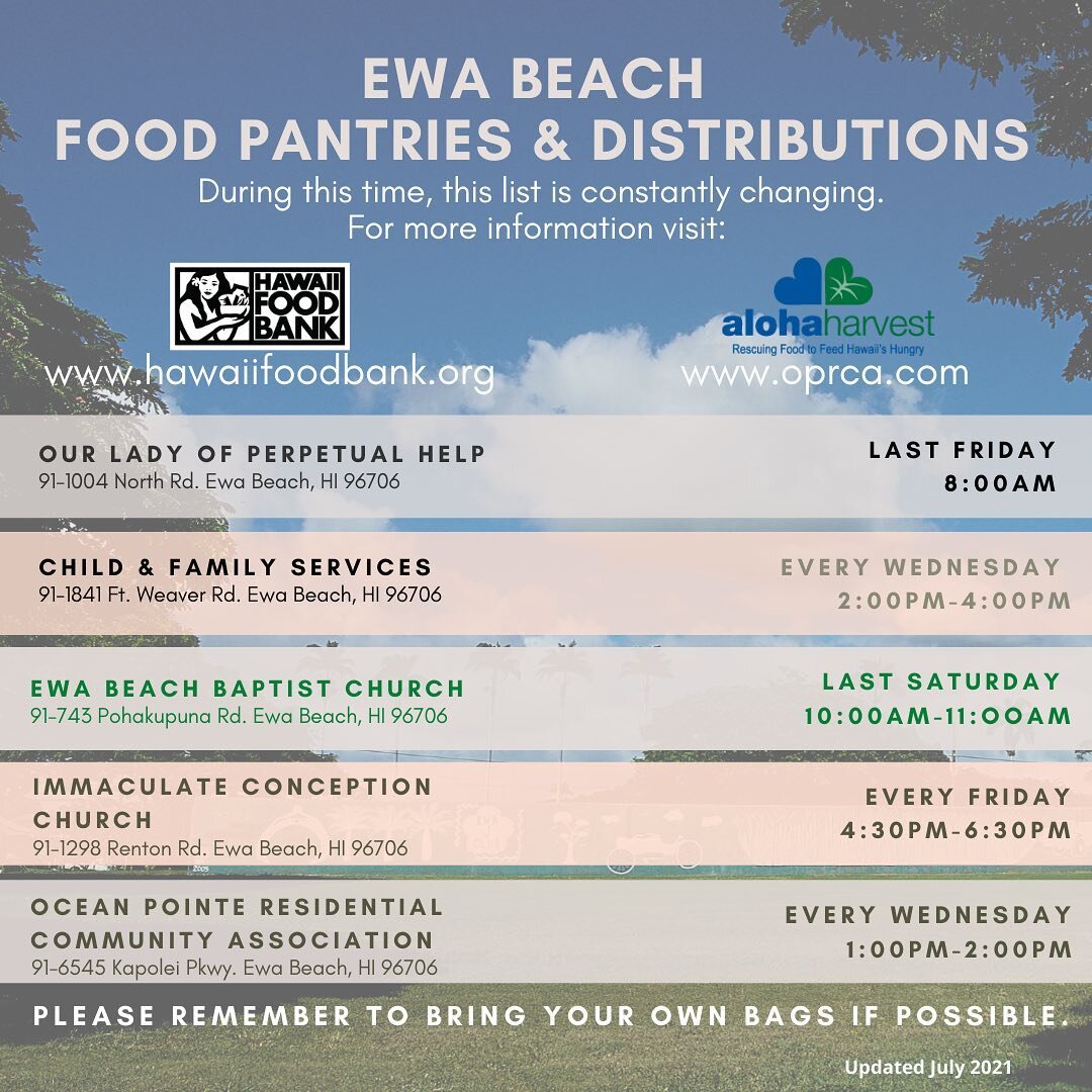 Happy Aloha Tuesday! Please share with your &lsquo;ohana and friends ☀️ 
.
.
Please check out the link in our bio for other locations in Hawaii that provide food assistance and support.
.
.
#ewabeach #ewa #ewaplantation #96706 #76south #community #to