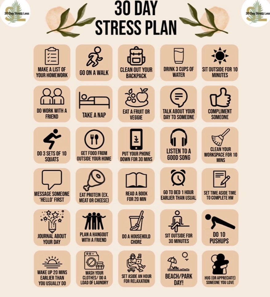 Check out this amazing 30 Day Stress Plan  that can help you do something small everyday that will relieve stress and increase productivity! 

This post was created by Kylie and Azriel from Kalani High School, Grade 9. 

#teenlinkhawaii #stress #stre