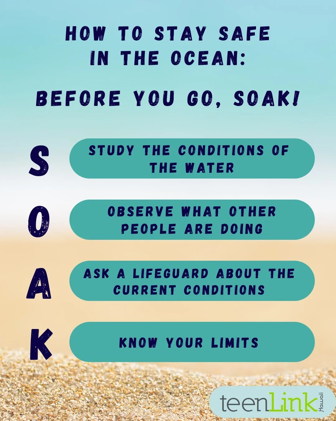 🌊 Headed to the beach? Before you dive in, remember to SOAK it all in 🏄♀️☀️
S - Study the water 🧐
O - Observe others 👀
A - Ask a lifeguard 🛟
K - Know your limits 🚫
Stay safe, stay smart, and enjoy every wave! 🌺💦 #SOAKItIn #OceanSafety
