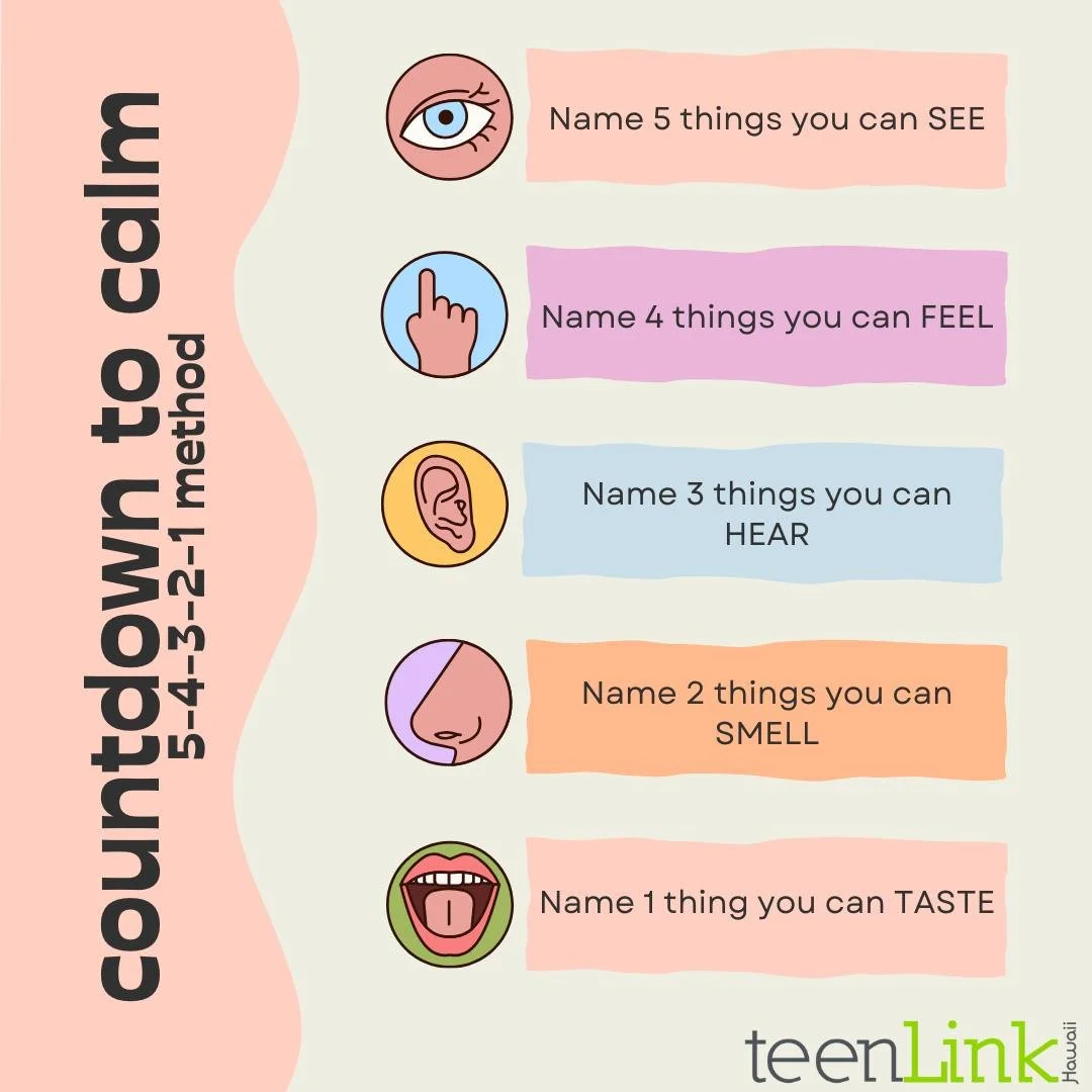 Feeling stressed? The 5-4-3-2-1 method can help you calm down fast 💆
Need more tips? 👉  teenlinkhawaii.org/stress 
#StayGrounded #54321Method #MentalHealthMatters