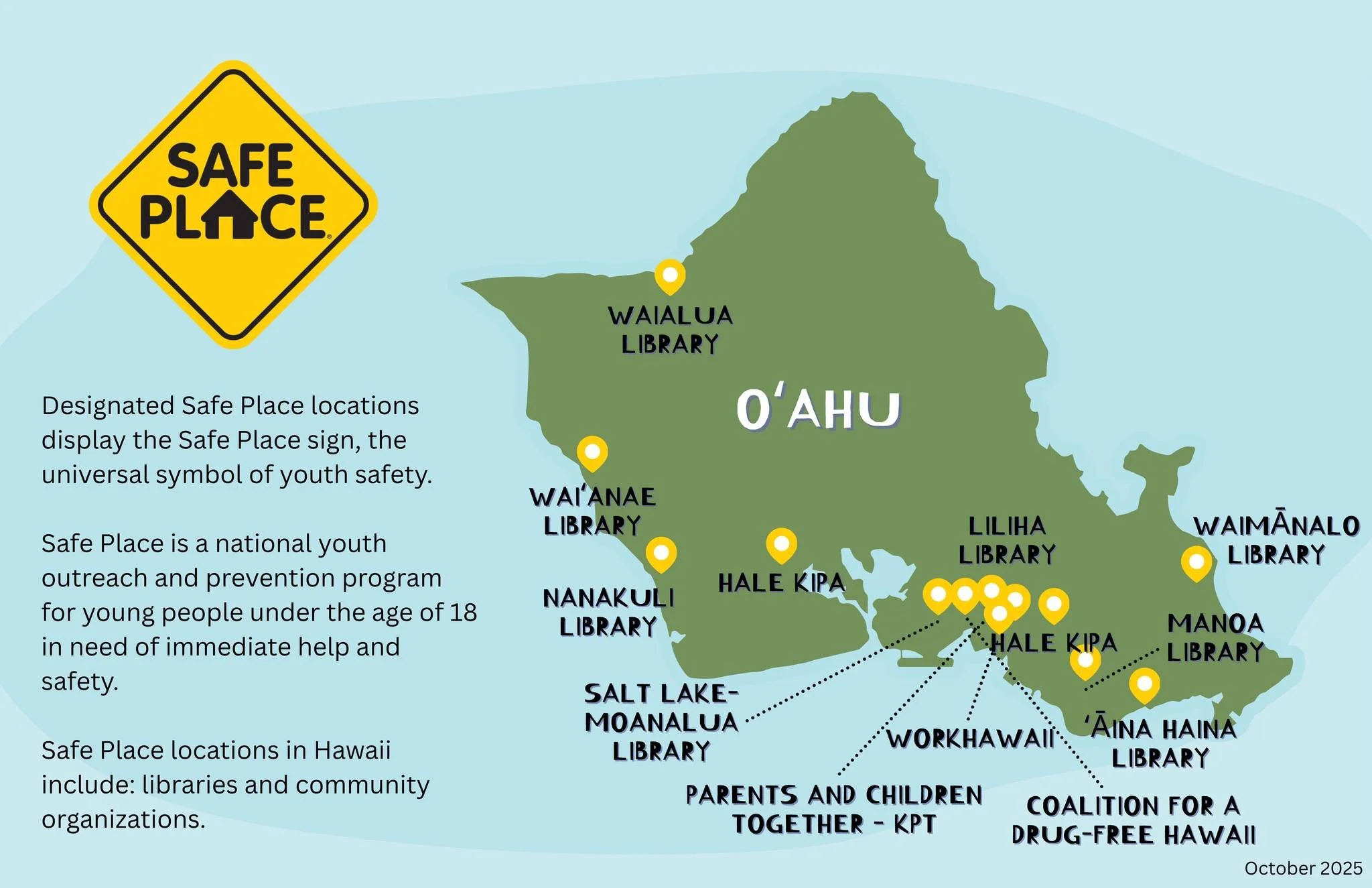 In need of immediate help or looking for a Safe Place near you? Help is closer than you think. This map shows all the designated Safe Place locations on Oahu. Look for the yellow Safe Place sign &ndash; it means this is a registered Safe Place site a