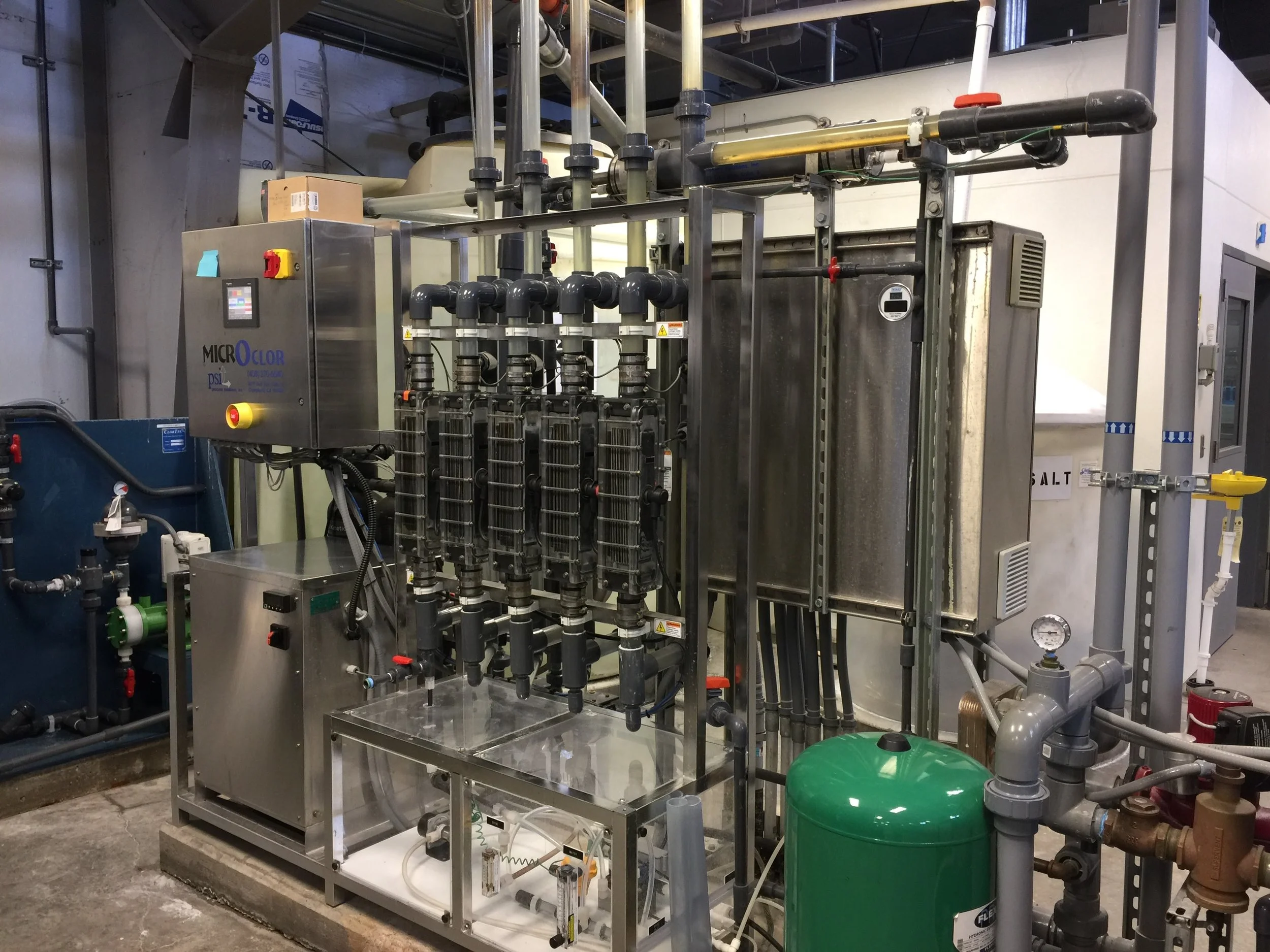 16. Chlorine Generator System - Generates chlorine safely from salt solution. Used for final disinfection of plant water before it moves into the finished water tank and distribution piping system.