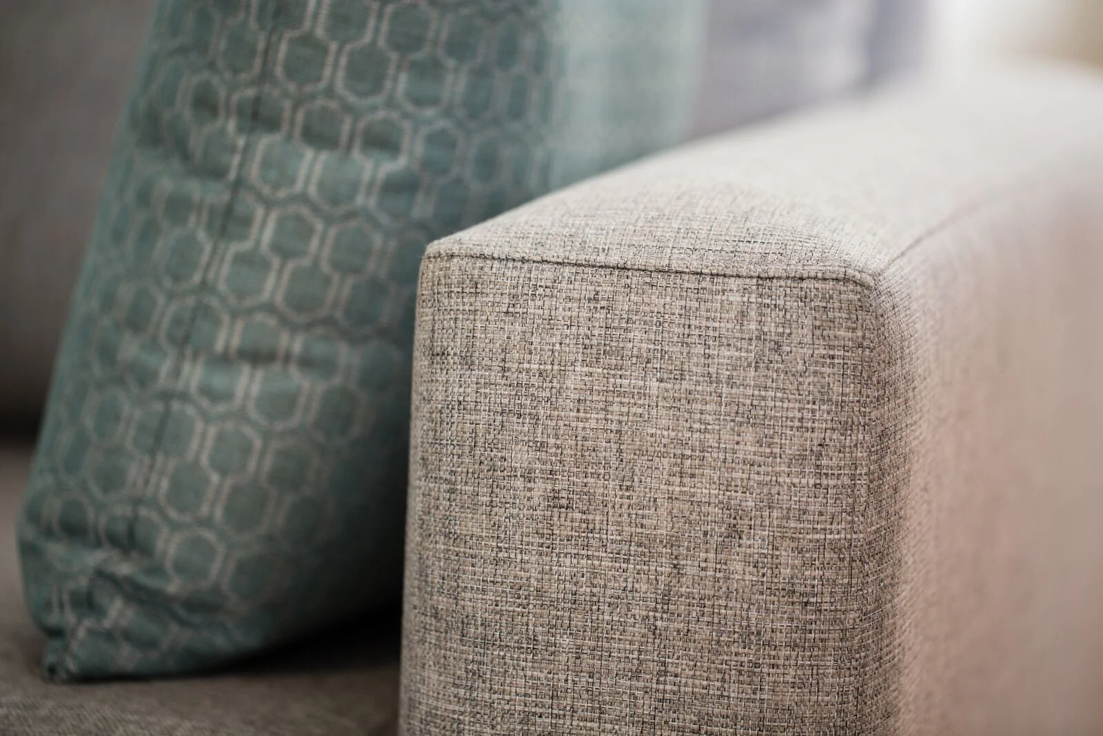 Sofa: Stamford White Ash. Scatter: Tribeca Teal.