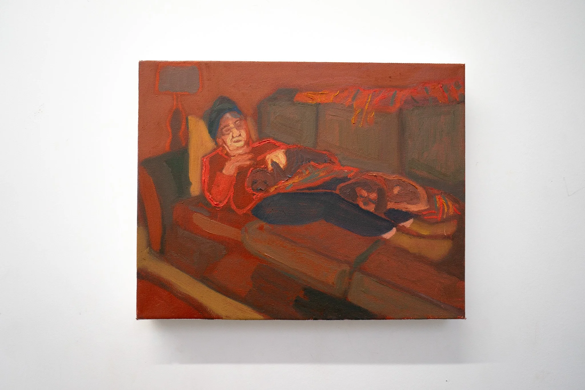   Midnight ode to the TV [grandma Jenny with her dogs]    Oil on Canvas. 11 × 14 Inches.  2025 