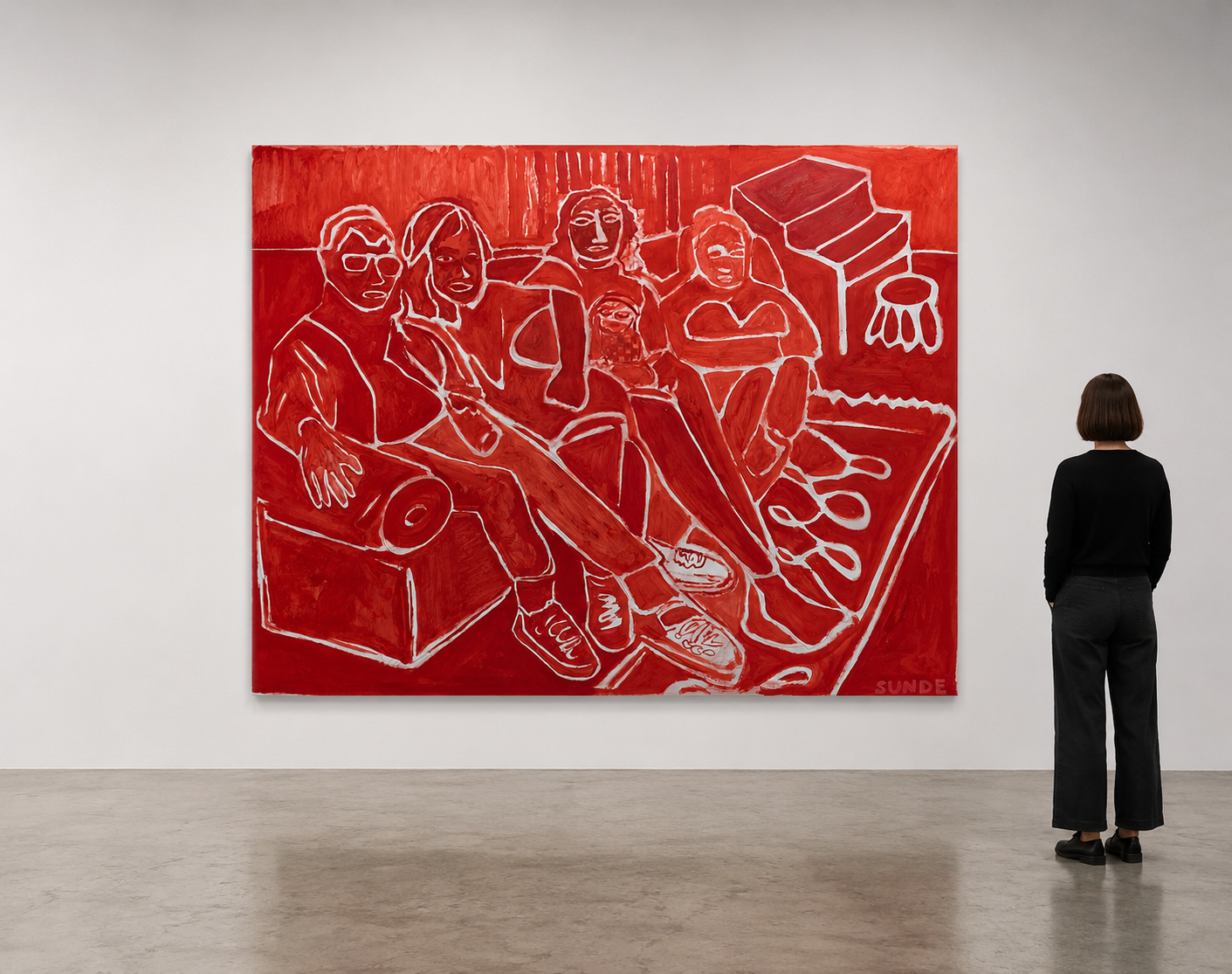  the blood of christ fills the painting [my friends sitting on my couch]  Oil on Canvas. 81 x 64 inches. 2023.  