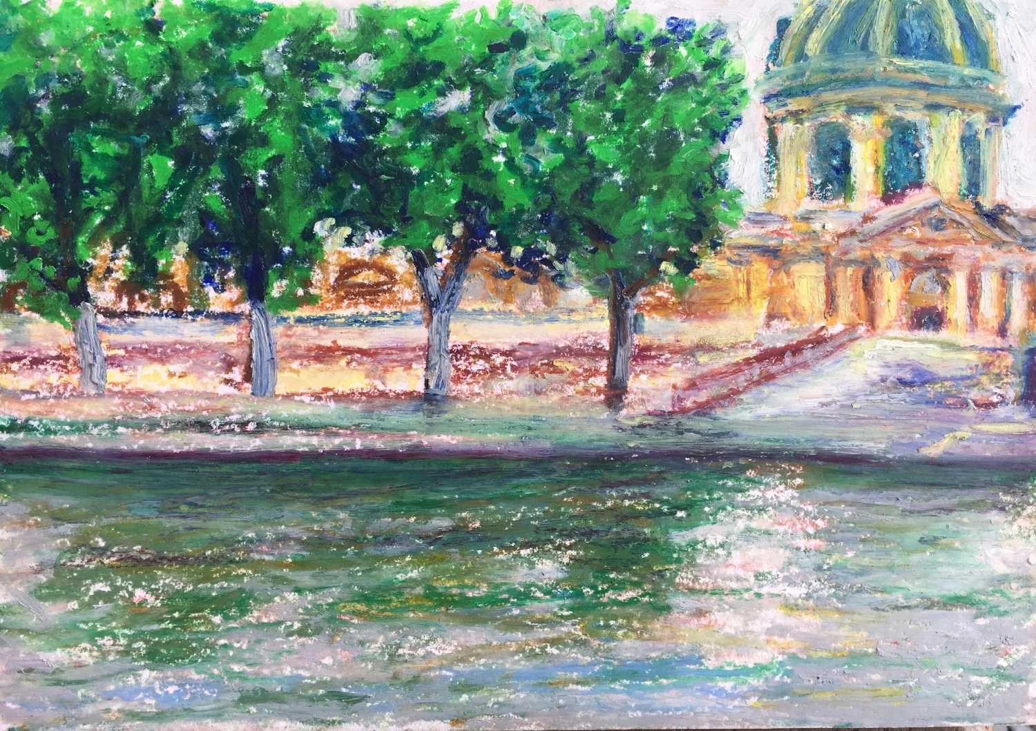 Sunday Morning Along Seine (Oil Pastel 6x9 in - June 10 2018)