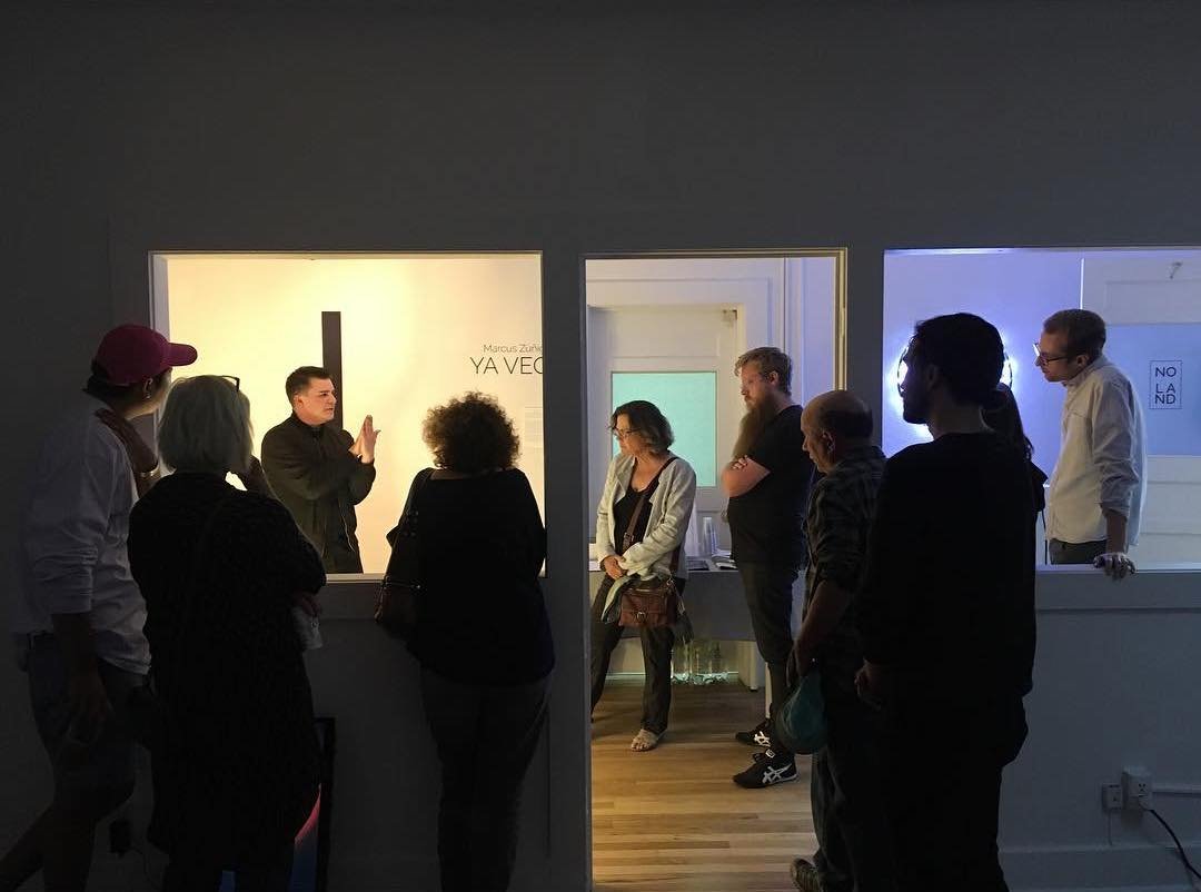 Artist talk, No Land Art Space, Santa Fe, New Mexico, 2017, photo by Kyle Farrell