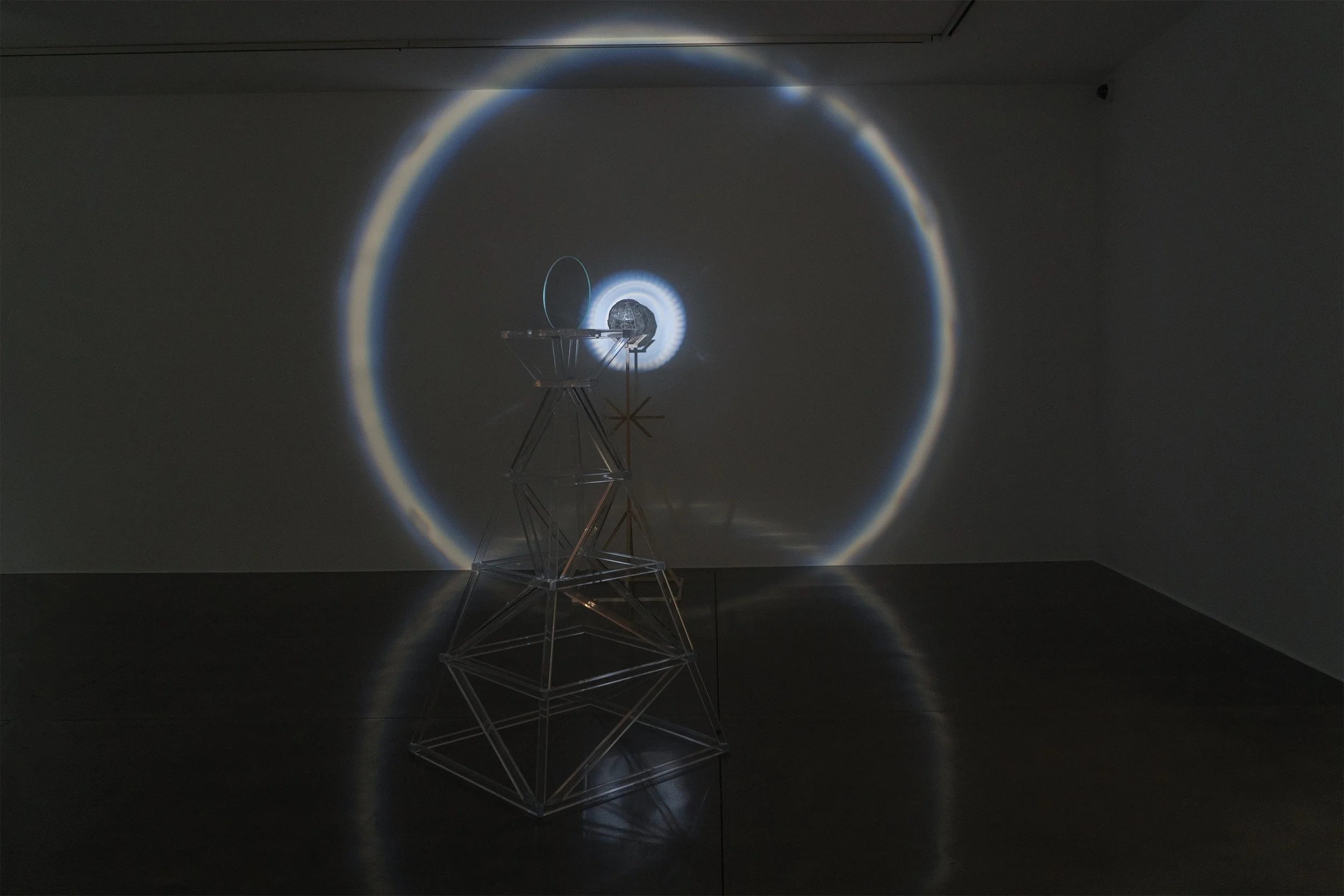   seeing environment , 2024, light, glass, acrylic, mica, wood, 65x30x30in (beam splitter), 64.5x26x26in (mica sphere) 