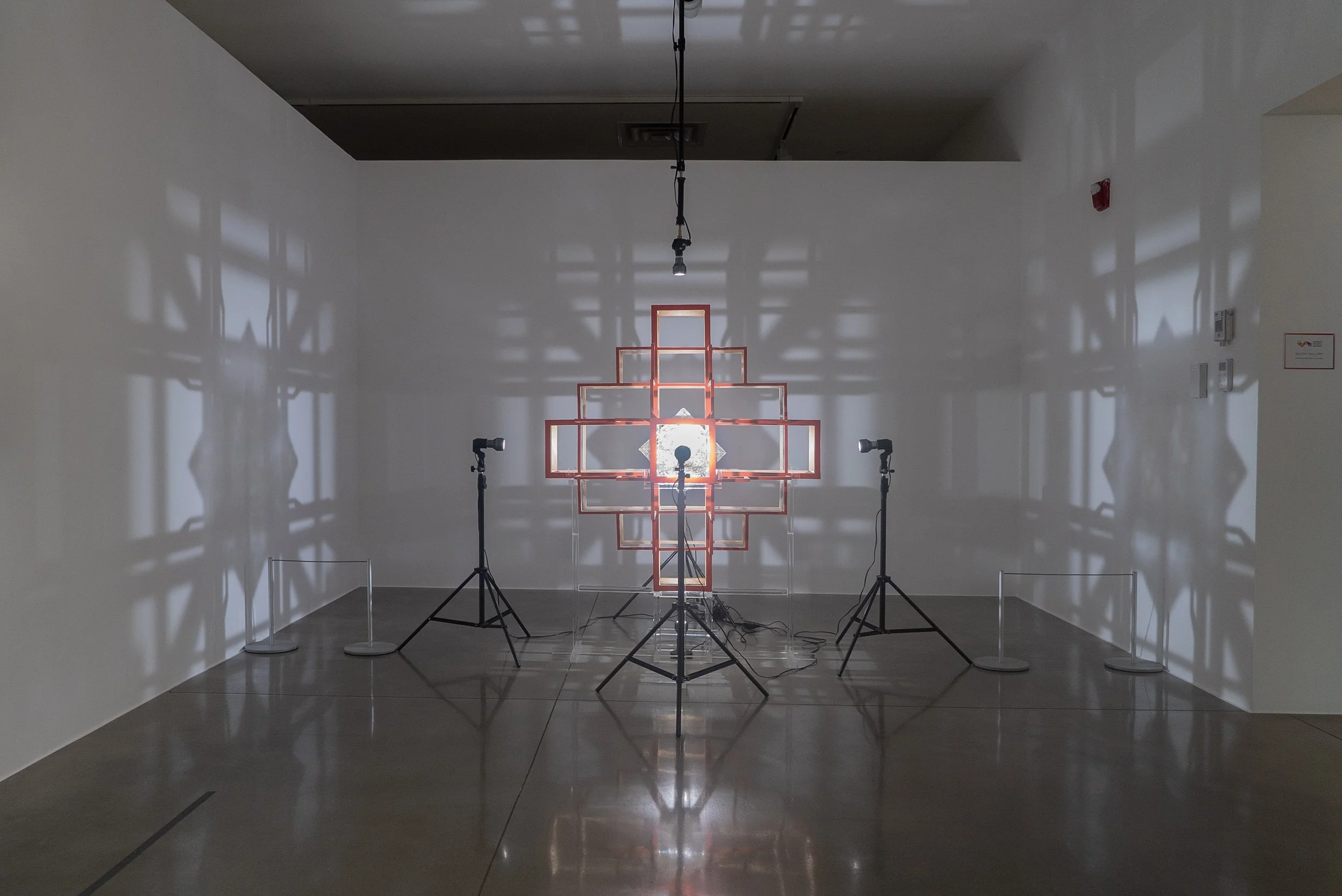   photosphere , 2025, light, mica, acrylic on ponderosa, 48x46x46in 
