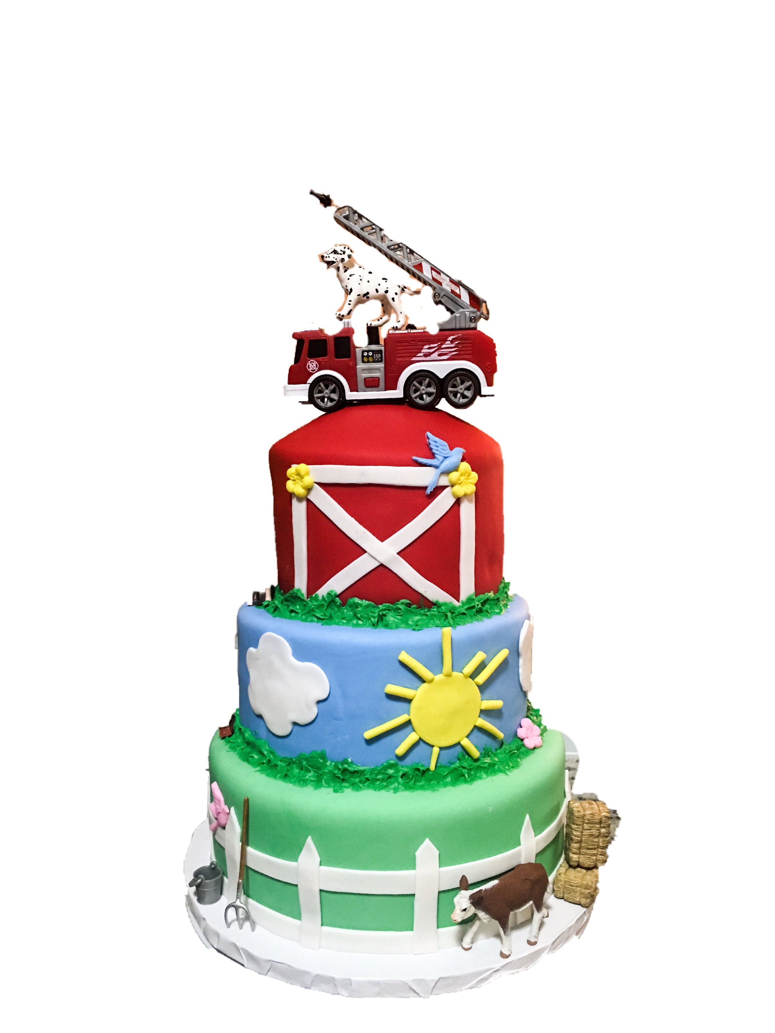 Custom Farm & Fire Truck Cake