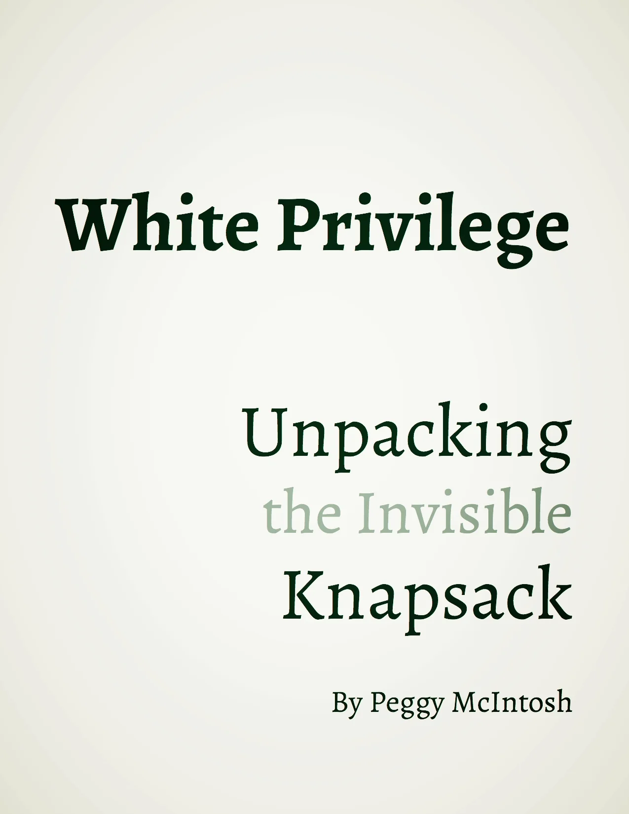 Peggy McIntosh’s article, White Privilege: Unpacking the Invisible Knapsack, is a brief and classic work that gives examples of how white people may experience privilege in their daily life. Simply becoming aware of what privilege looks like and how it can manifest in our lives is a crucial step!