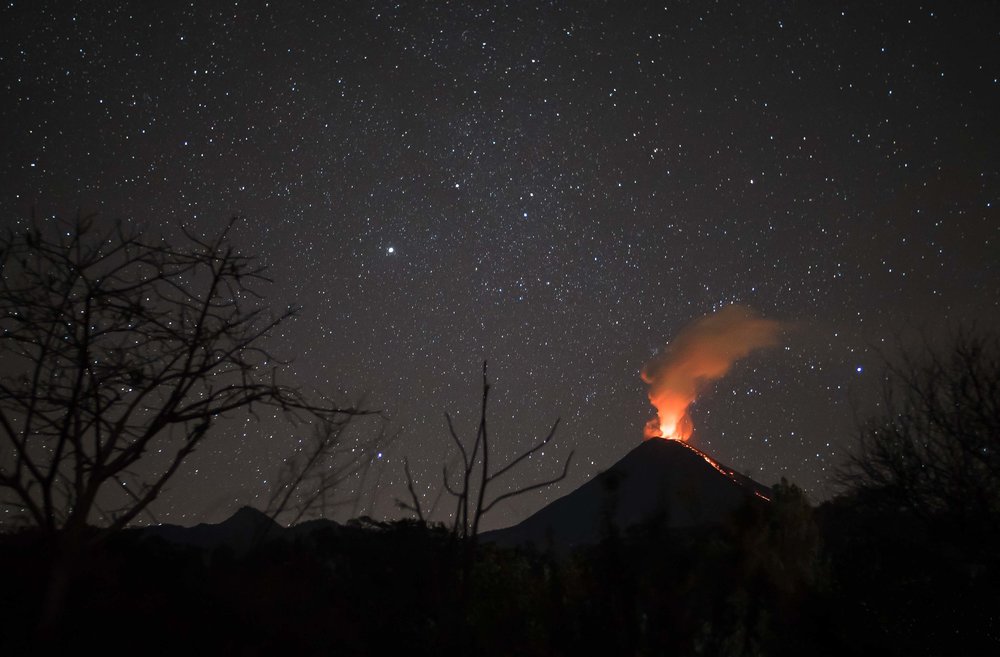 The Volcano of Colima erupting at night.