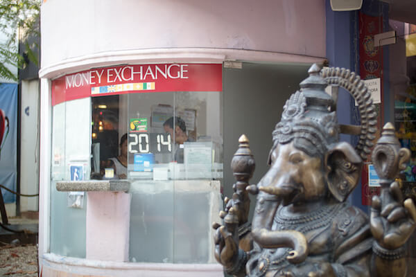 A currency exchange kiosk in Playa del Carmen, Mexico. One of the most expensive ways to get Mexican pesos, or any currency.
