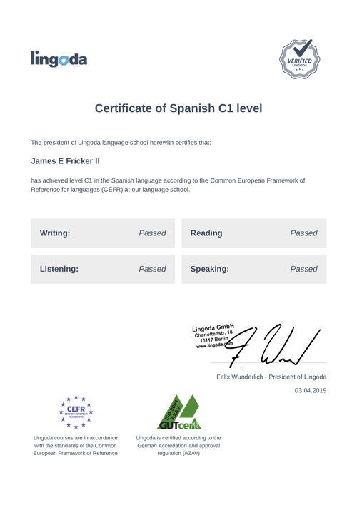 My Spanish C1 CEFR Certificate from Lingoda.