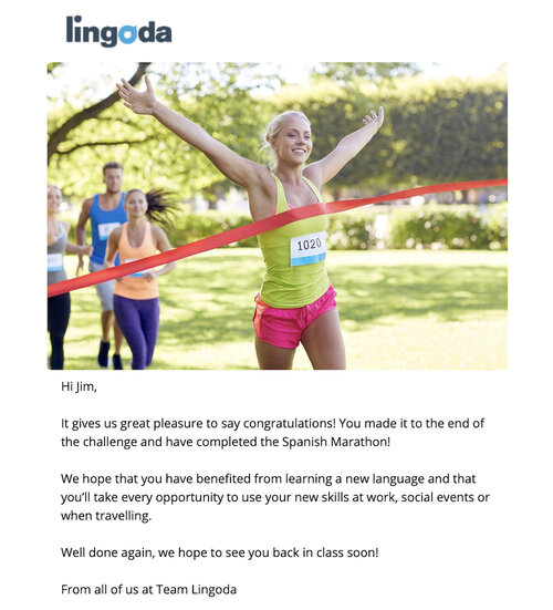 My congratulations email after successfully completing the Lingoda Marathon.