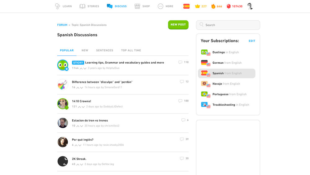 Use the Discuss tab (desktop only) to ask questions and connect with other Duolingo users.