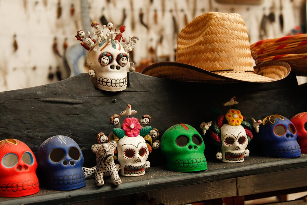 The day of the dead colorful and traditional skulls.