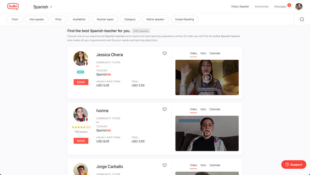 italki allows you to browse thousands of Spanish teachers and narrow down the best ones for you using their search filter criteria.