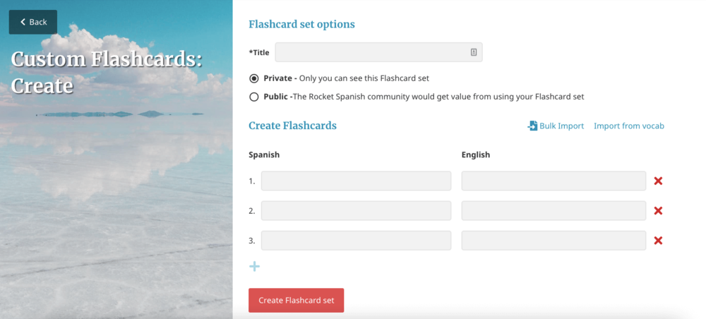 There is also a flashcard tool that helps you maintain your list of words to work on, where you can view public card sets that people have made or make your own.