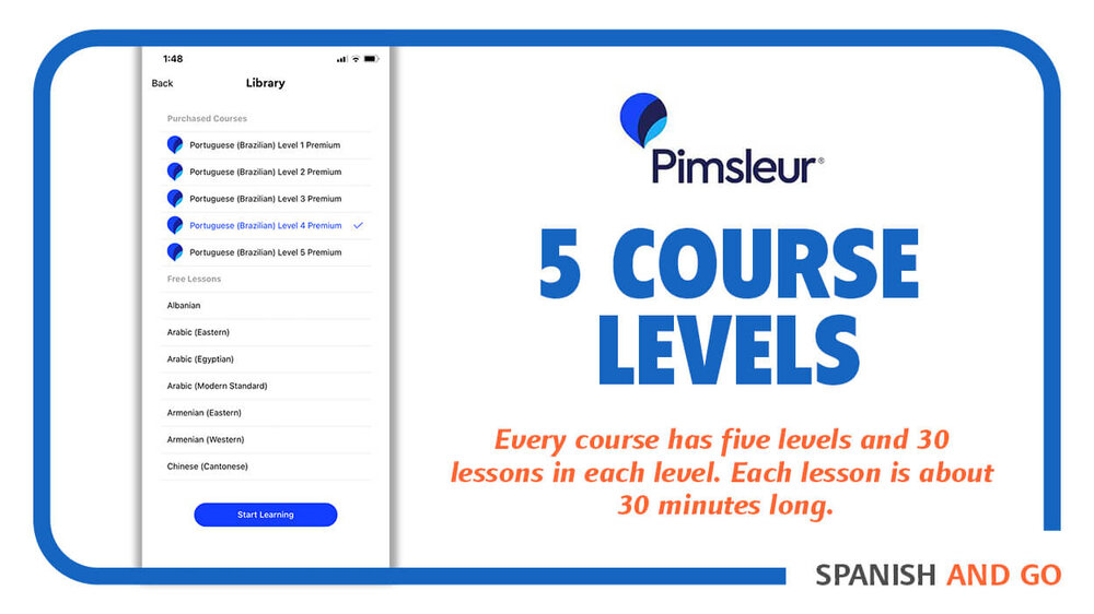 Each Pimsleur course has five levels to complete. Learn more of your target language with the Pimsleur app.