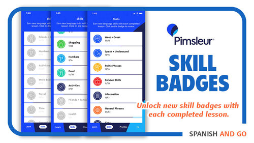 Completing each lesson unlocks new skill lessons and badges in the Pimsleur Spanish learning app.