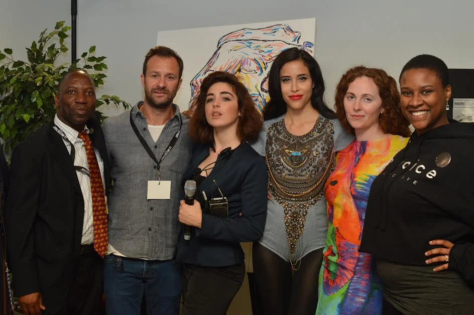 From left to right: African Wildlife Foundation Conservationist Jammiel Mandima (DC), Roaming Elephant Artist Matt Shapira (LA), Founder of Fashion for Conservation Ava J Holmes (NY), Elephnatasia SS17 model Claudia Lorena (Peru) in Shriti Pratap, Elephantasia Producer Ronee Collins (WA) in Shriti Pratap, Elephantasia PR Manager De'Vaugnn Williams (WA) in NO VOICE.